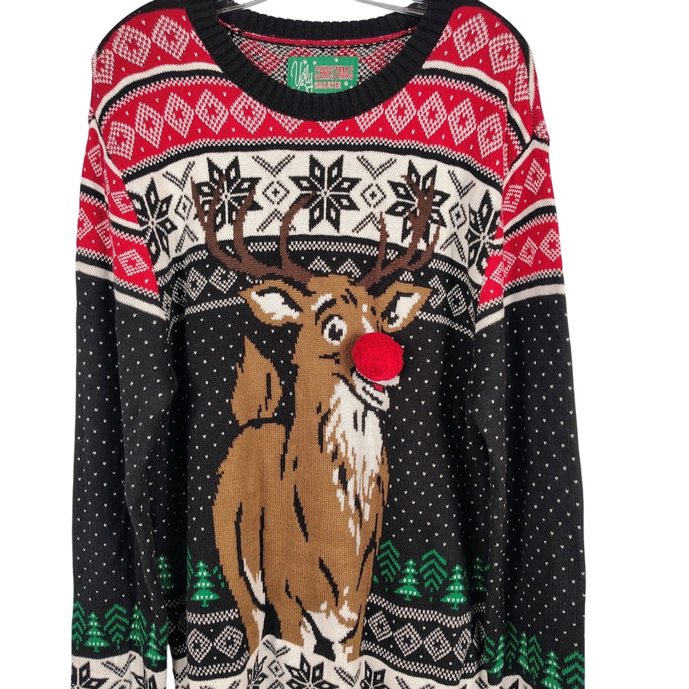 NWT Mens XL Reindeer Pom Pom Ugly Christmas Sweater Black Cotton Blend Kitschy